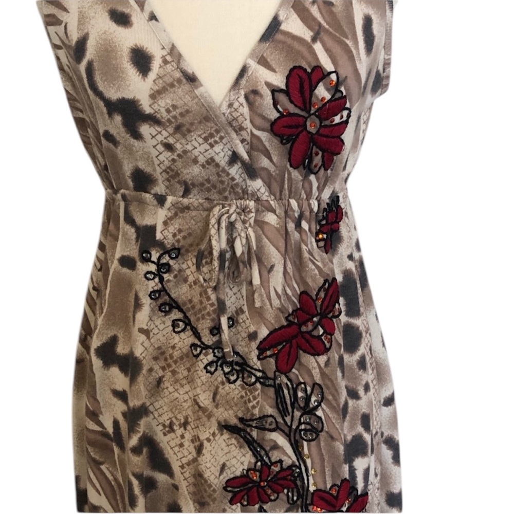 SPY Animal Print Embroidered Floral V-neck Sleeveless Midi Dress M Y2K Babydoll